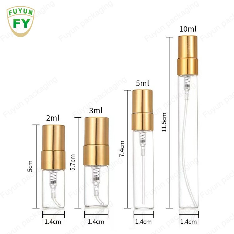 Fuyun Empty 2ml 3ml 5ml 10ml Refillable Perfume Glass Bottles Spray Perfume Bottle with Gold Silver Black Lid