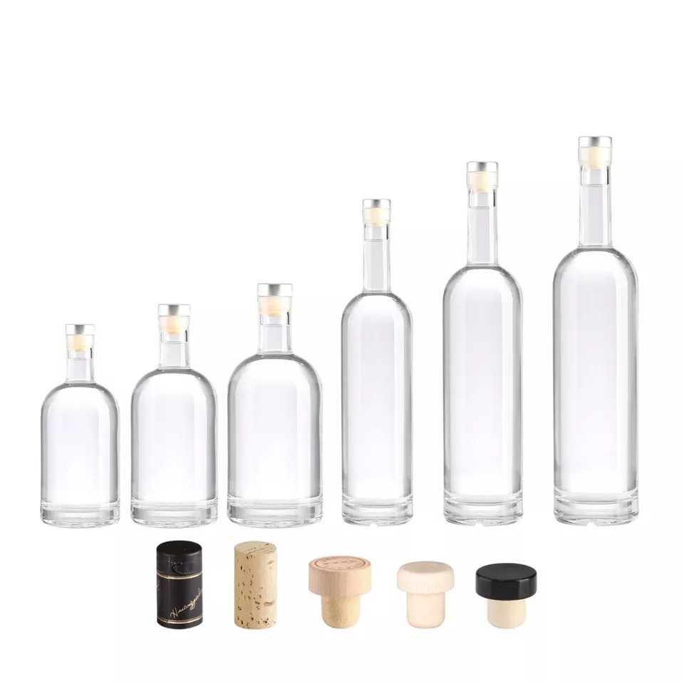 Factory high flint 100ml 200ml 375ml 500ml 750ml liquor gin vodka whisky wine spirit customized empty glass bottles with cork