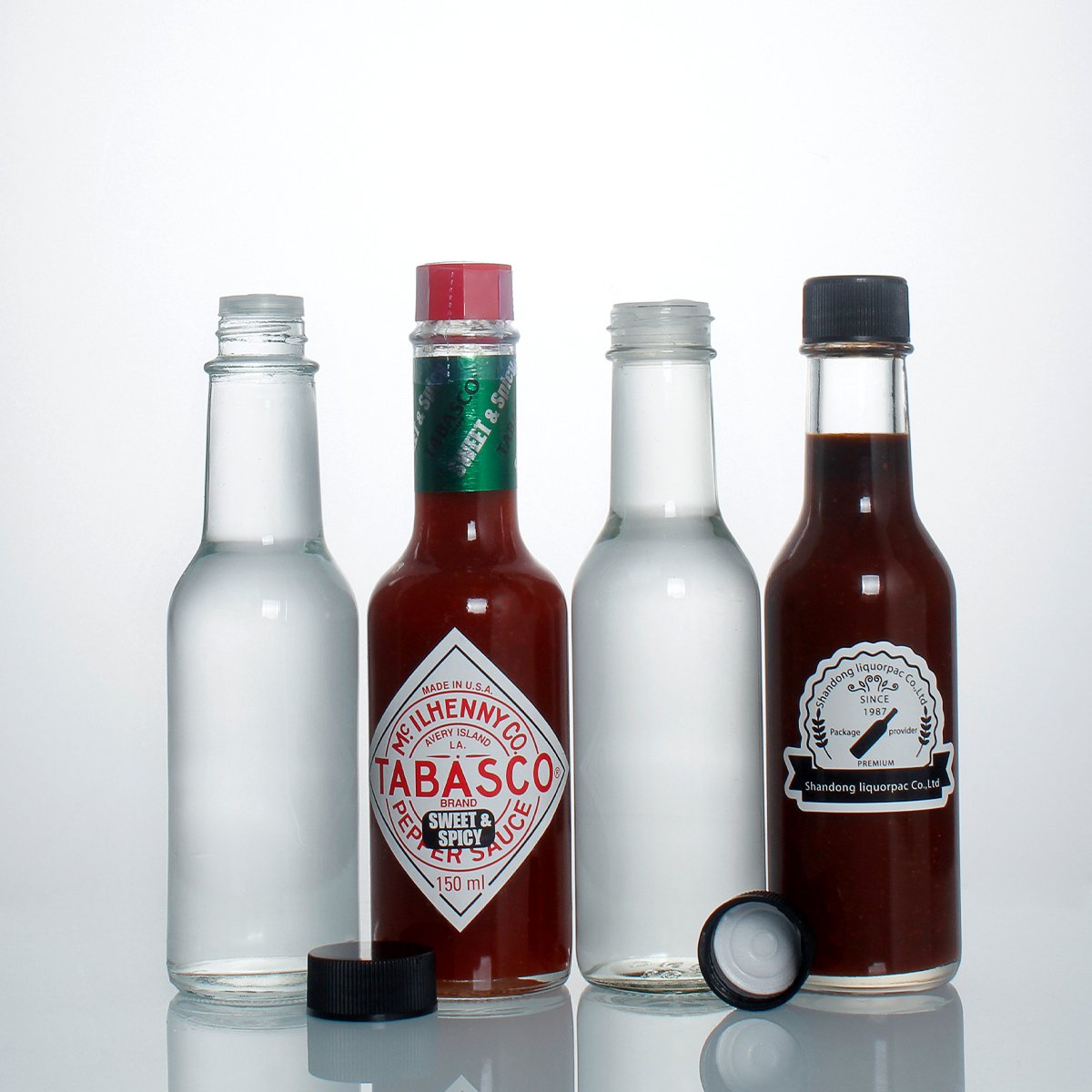 Stocked low MOQ cheap clear round 148ml 150ml 5oz hot sauce woozy chili bottle vinegar glass bottle with plastic screw cap