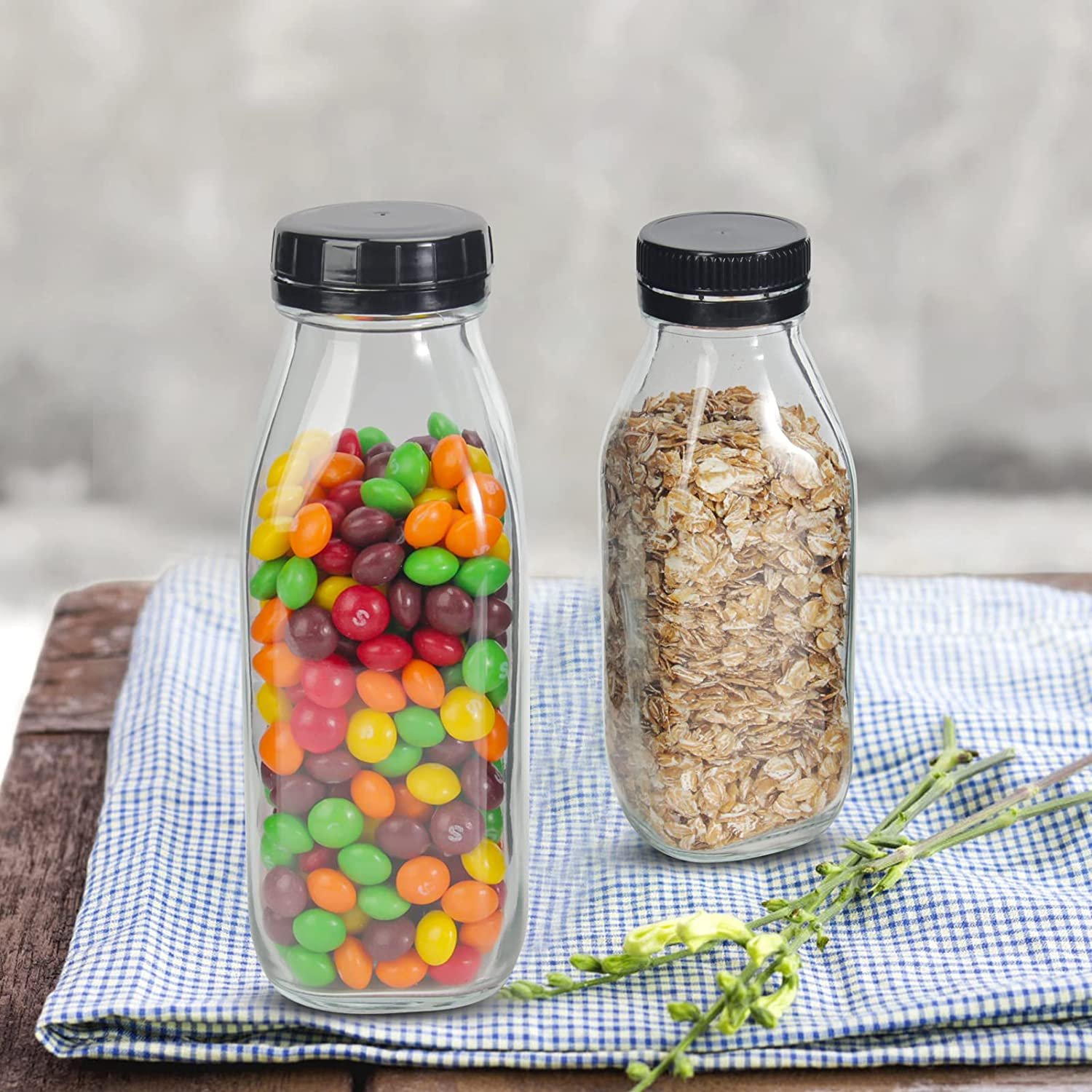 ECO friendly fresh juice glass bottle 16oz 500ml Square Drink Bottle with Labels and plastic lids for Storage Juicing