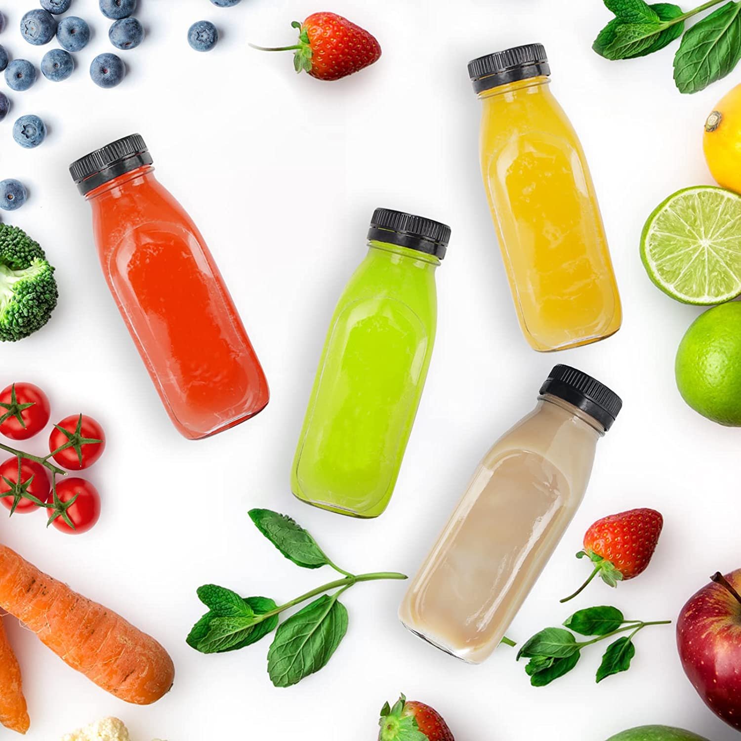 ECO friendly fresh juice glass bottle 16oz 500ml Square Drink Bottle with Labels and plastic lids for Storage Juicing