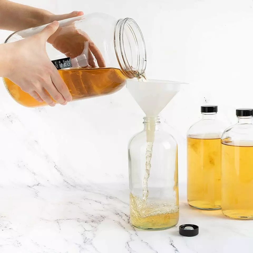 8oz 16oz Clear Amber Boston Round Juice Beverage Kombucha Glass Bottle with Black Polycone Cap 500ml for Cold Brew Coffee