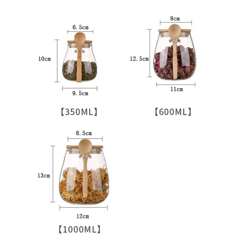 High Quality Transparent High Borosilicate glass bottle 350ml 600ml 1000ml Empty Glass Jar With Scoop For Food Storage