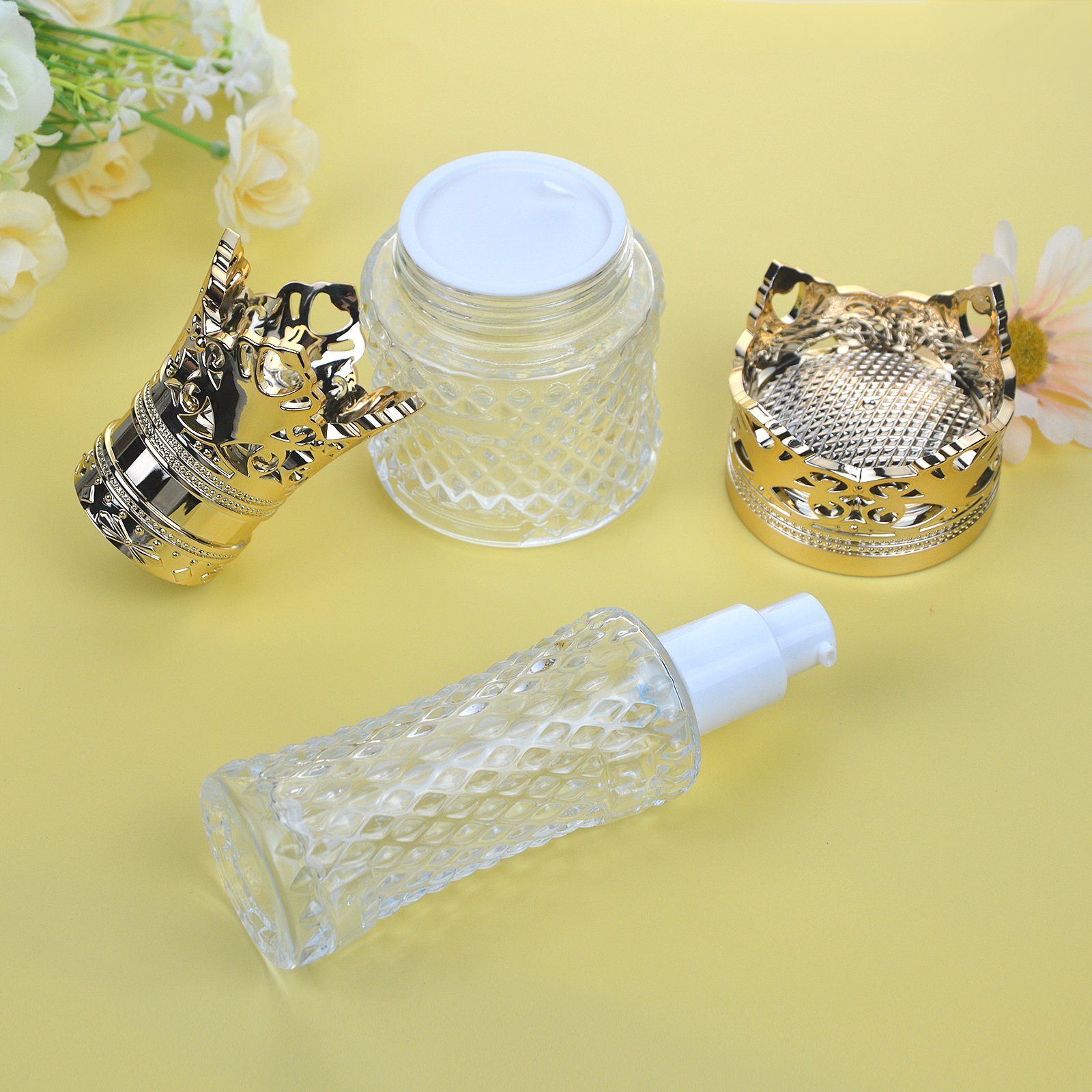 Factory OEM Luxury Cosmetic Set Glass Packaging Bottles Luxury Crown Skin Care Face Cream Empty Jars Glass Bottle