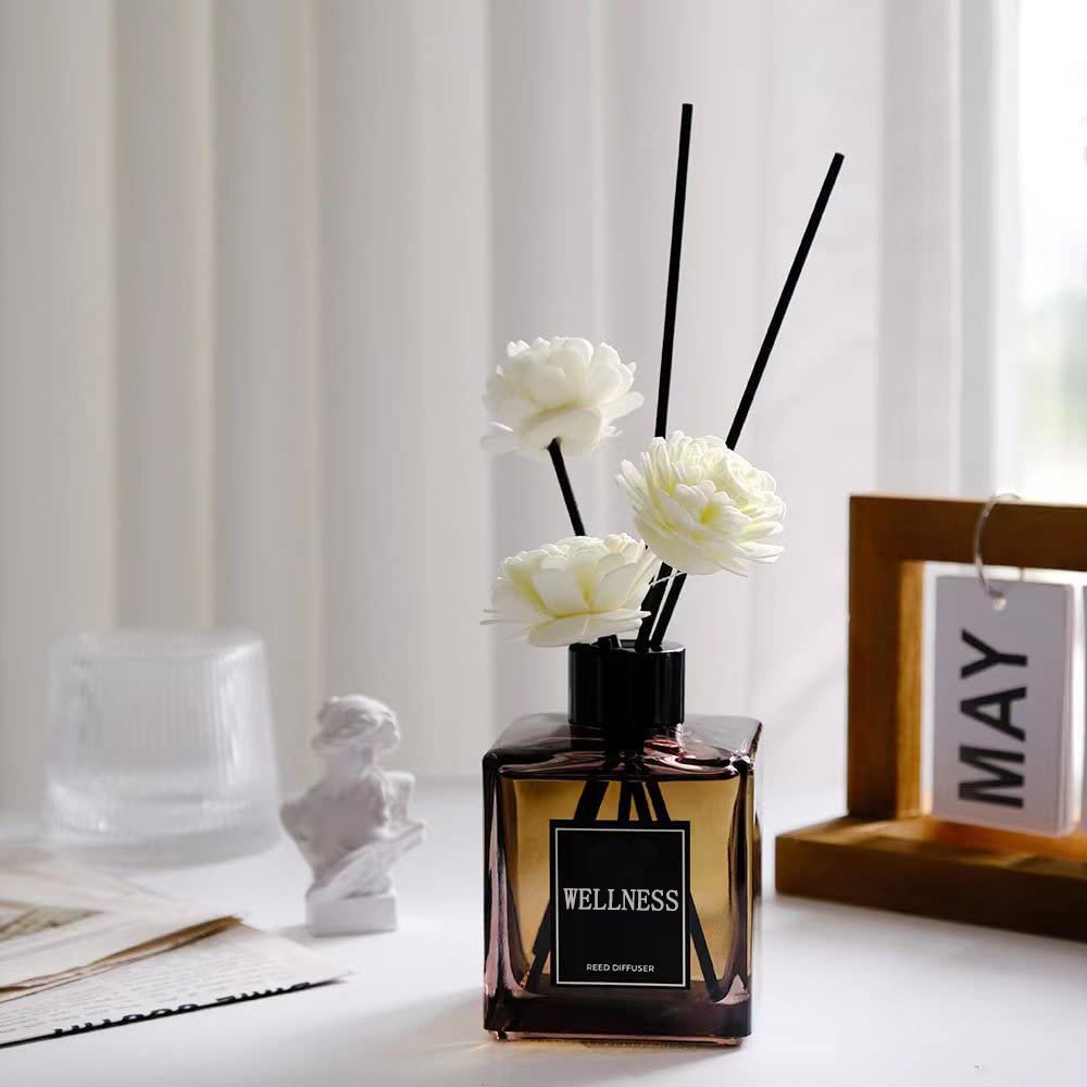 Creative flower aromatherapy stick design custom logo high quality glass bottle fire free liquid aromatherapy reed diffuser