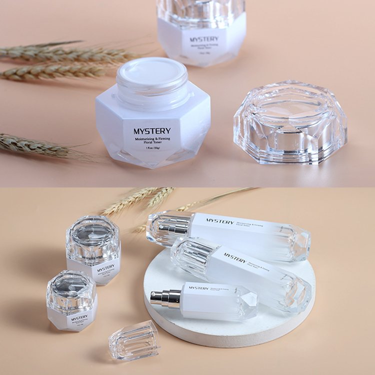 Advanced Customized Acrylic Cap Series Cosmetic glass bottle Packaging Hexagonal White glass bottle