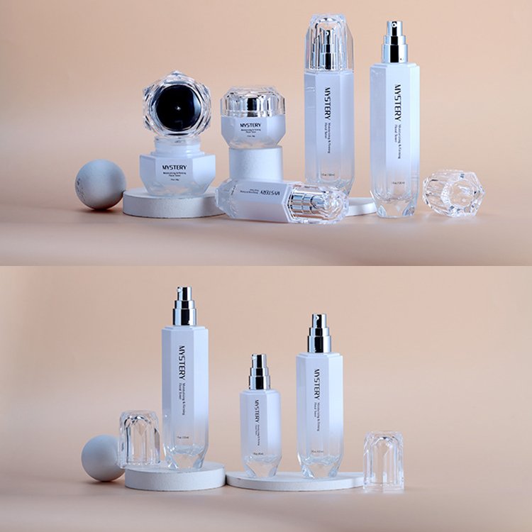 Advanced Customized Acrylic Cap Series Cosmetic glass bottle Packaging Hexagonal White glass bottle