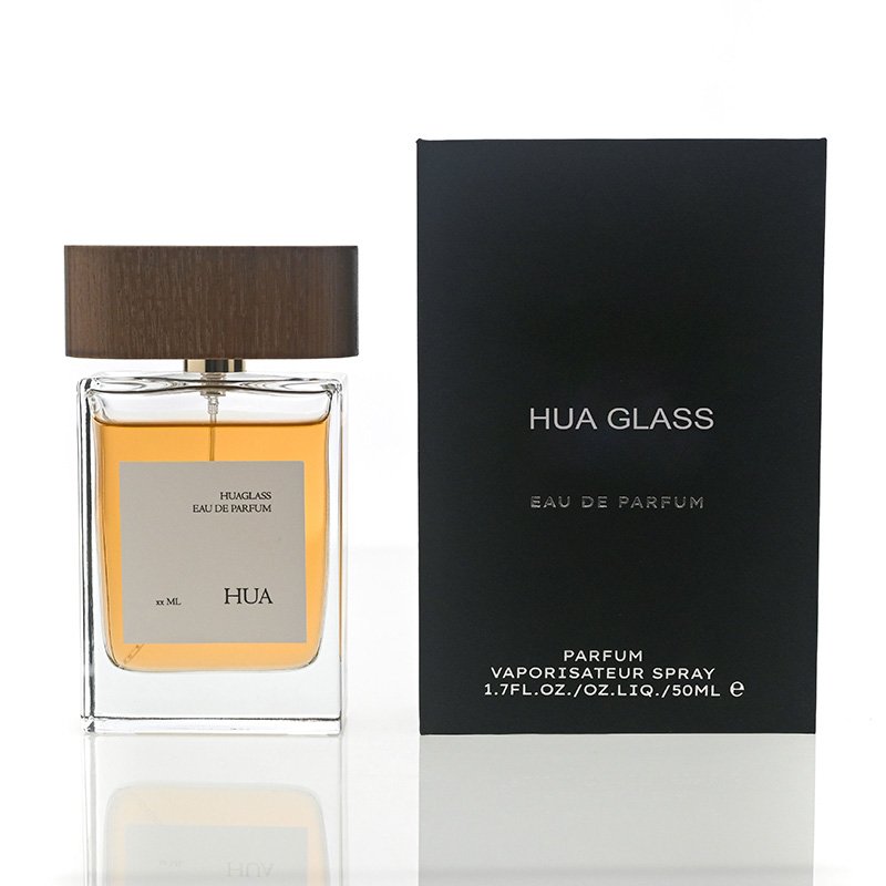 Custom Logo Perfume Bottle Square Shape Flat 100ml Clear 15mm Crimp Neck Perfume Glass Bottle 100ml with Wooden Cap