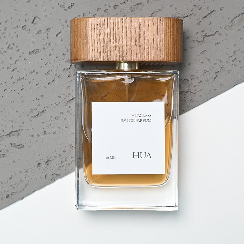Custom Logo Perfume Bottle Square Shape Flat 100ml Clear 15mm Crimp Neck Perfume Glass Bottle 100ml with Wooden Cap