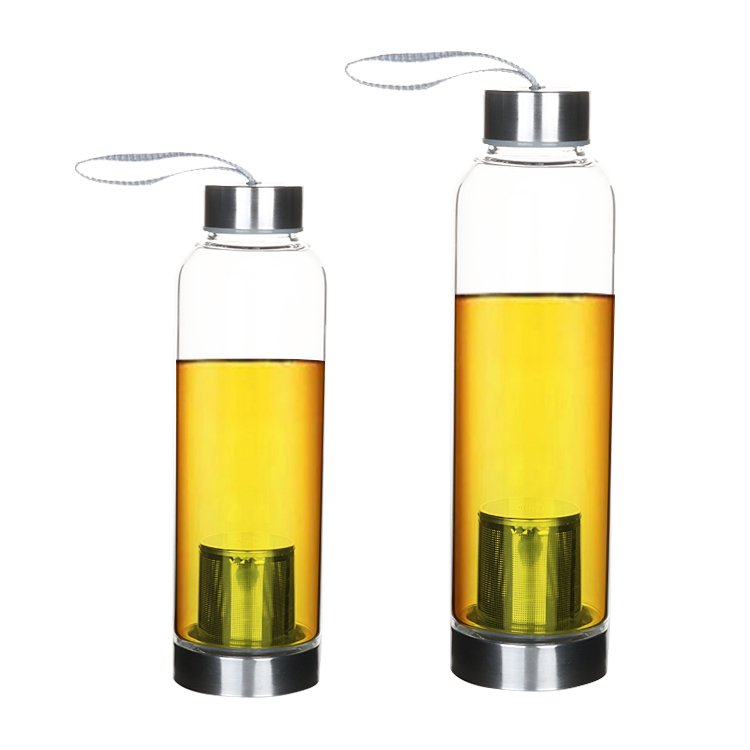 500ml Single Wall Glass Tea Cup Water Bottle with Fruit Infuser, Insulated Strainer, Bamboo Lid and Stainless Steel Tea Infuser