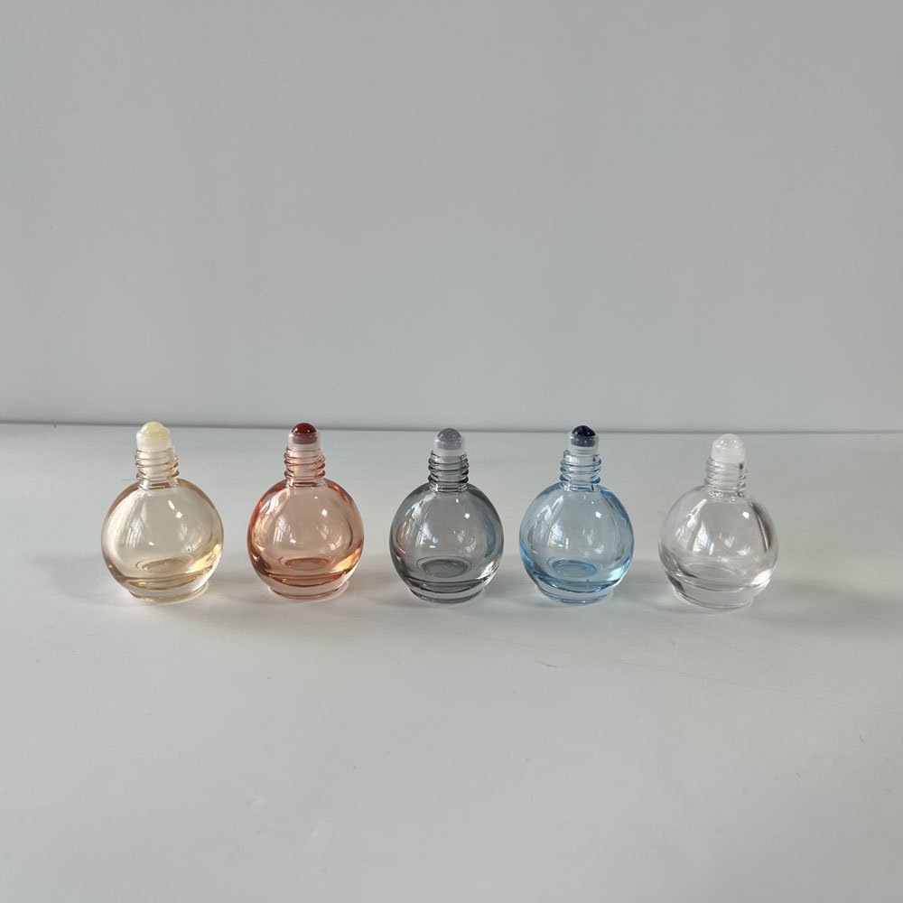 Wholesale 10ml bulb shape pink grey clear blue orange color natural stone gemstone roller essential oil glass bottles