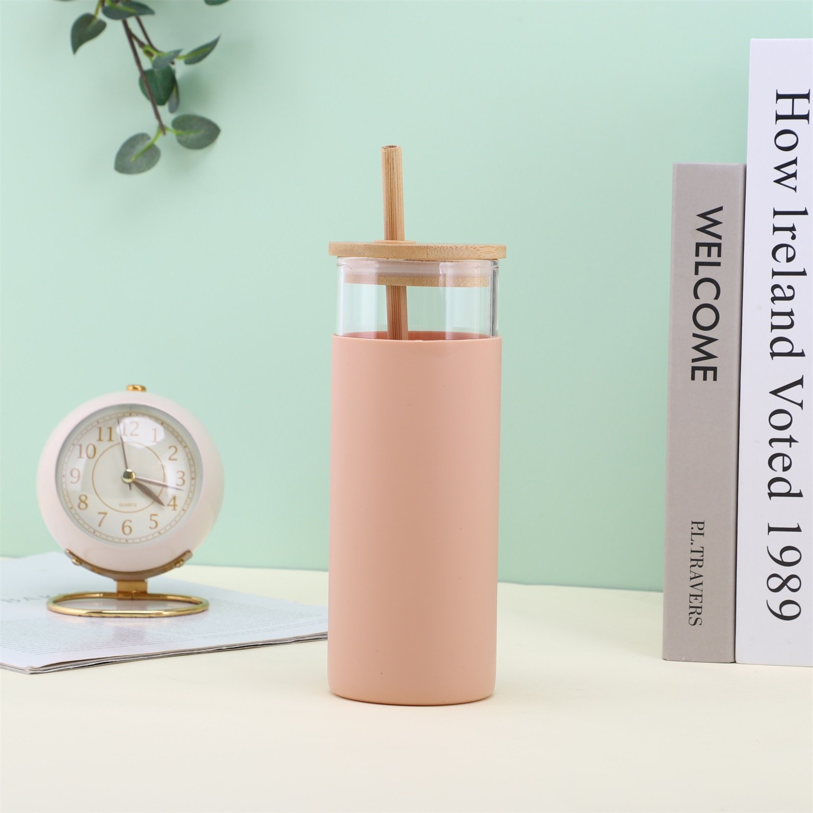 JM Custom 750/600/500ml Glass Bottle with Bamboo Lid and Straw Silicone Protective Sleeve Bpa Free Glass Water Bottle