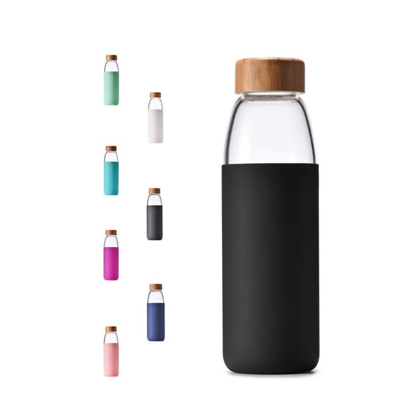 Colorful Silicon Sleeve Large Volume Glass Water Bottle With Wood Lid