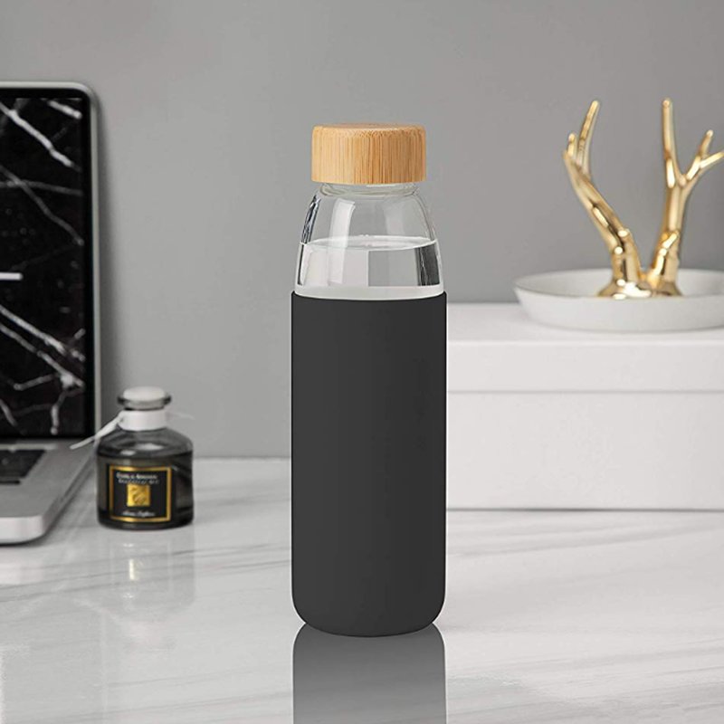 Colorful Silicon Sleeve Large Volume Glass Water Bottle With Wood Lid