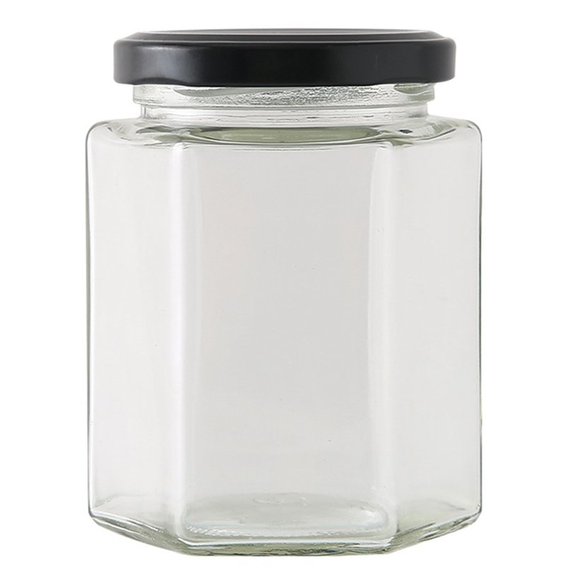 factory cheap price wholesale High quality bottle 280ml 450ml 730ml Hexagonal shaped glass Hexagon jam honey jar with metal lids