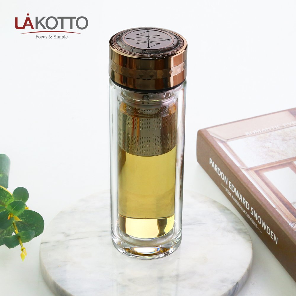 260 ml high quality high borosilicate double wall glass bottle with stainless steel filter and zinc alloy rotatable lid