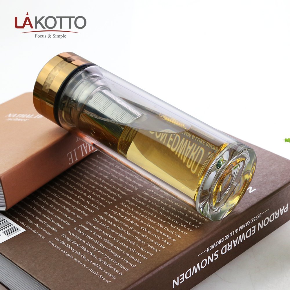260 ml high quality high borosilicate double wall glass bottle with stainless steel filter and zinc alloy rotatable lid