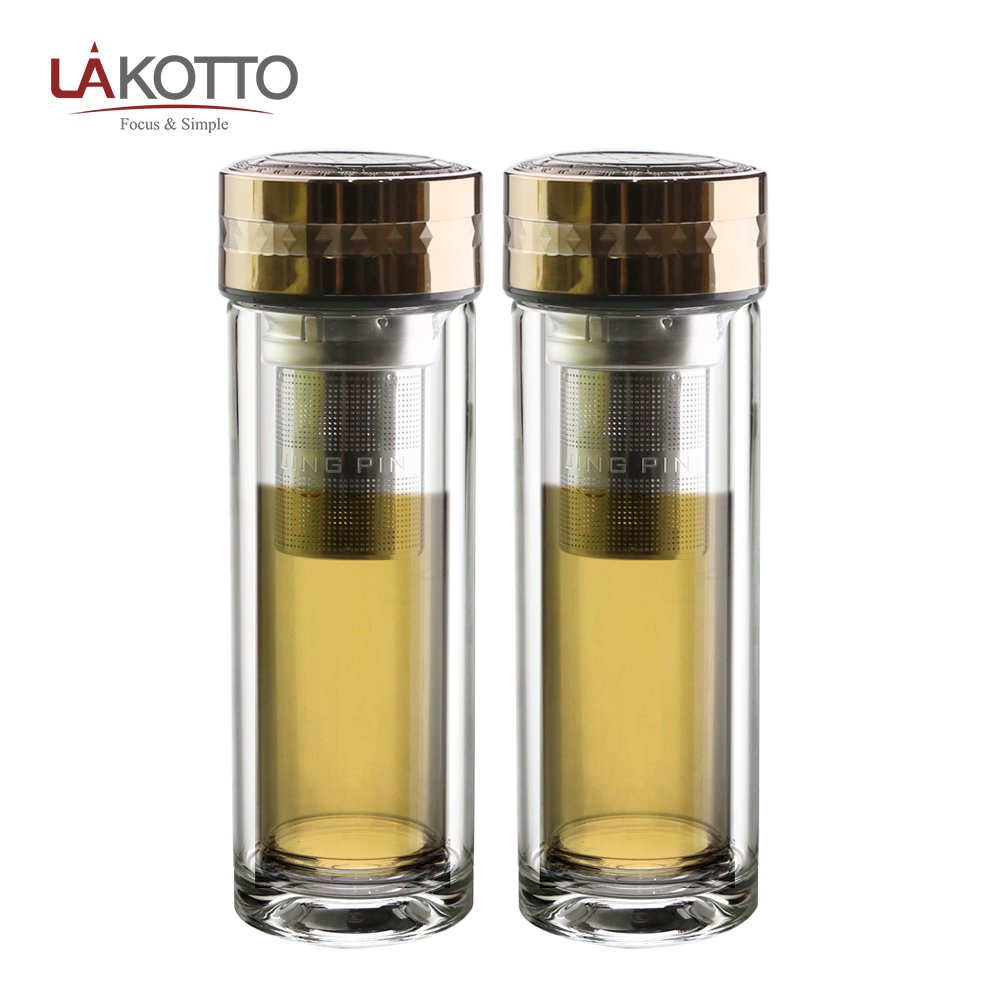 260 ml high quality high borosilicate double wall glass bottle with stainless steel filter and zinc alloy rotatable lid