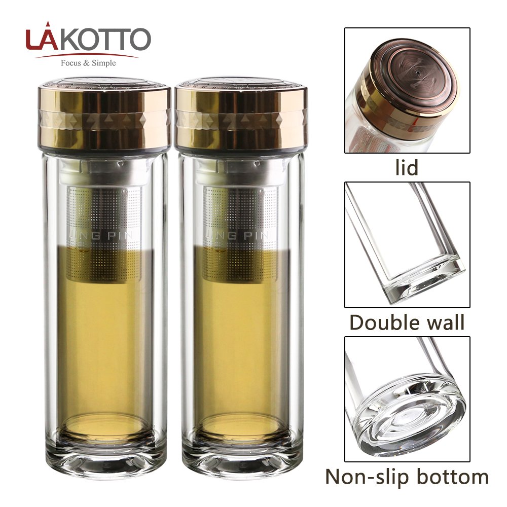 260 ml high quality high borosilicate double wall glass bottle with stainless steel filter and zinc alloy rotatable lid