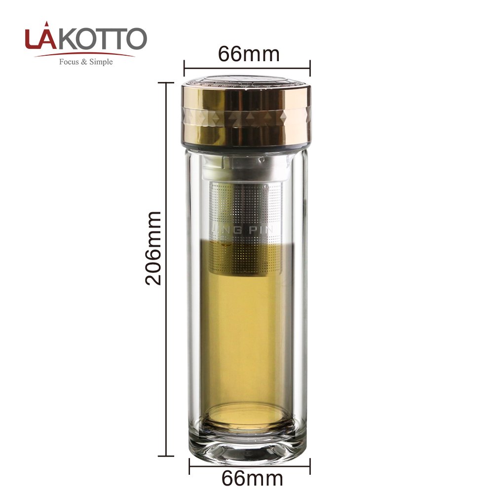 260 ml high quality high borosilicate double wall glass bottle with stainless steel filter and zinc alloy rotatable lid