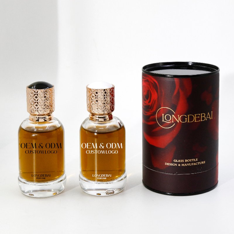 Wholesale clear perfume glass bottle 50ml 100ml spray bottle crimp empty round perfume bottle with Gold cap