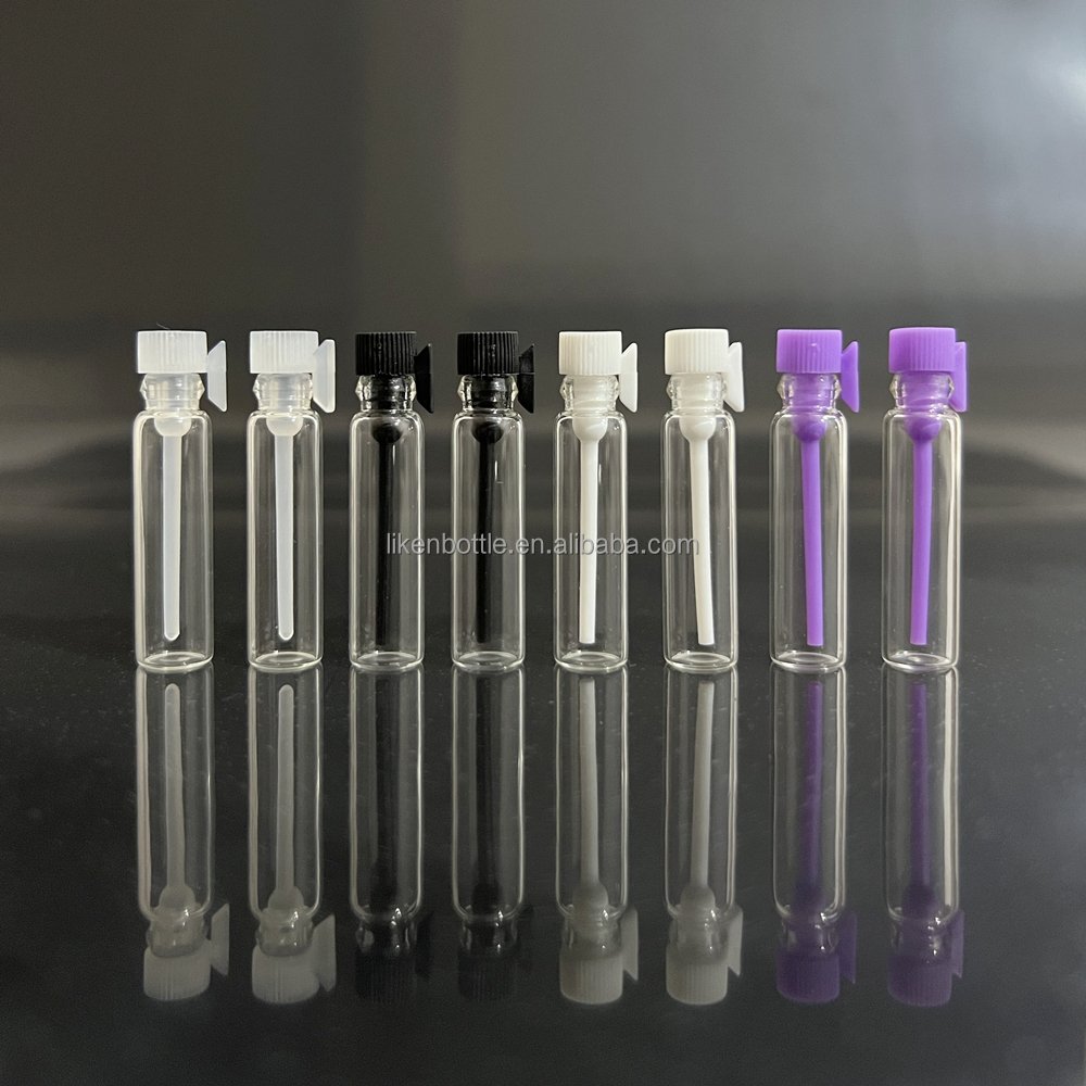 Stock 0.5ml 1ml 2ml clear perfume sample vial small glass bottle with plastic stopper