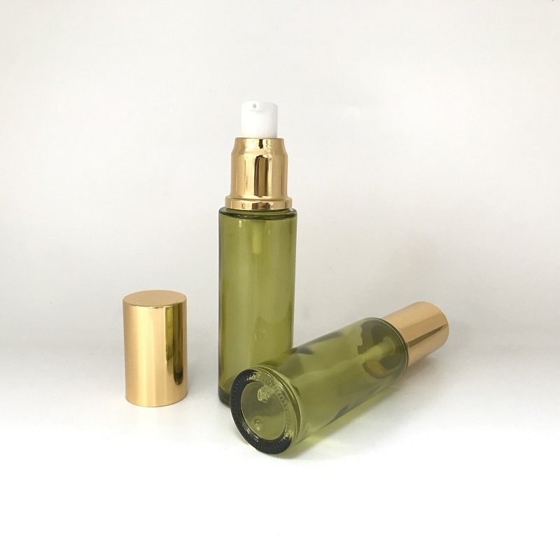 Luxury skin care facial 50ml frosted matte green glass bottle cosmetic bottle with electroplate lotion pump for serum