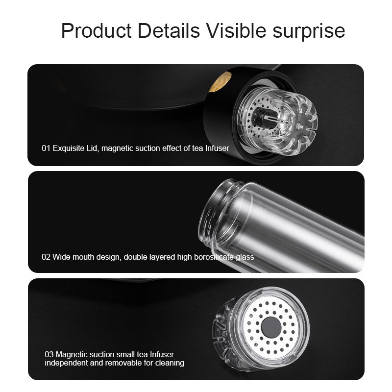 Wholesale Double layer high borosilicate glass Bottle Customized Logo Business Clear Flask With Tea Infuser