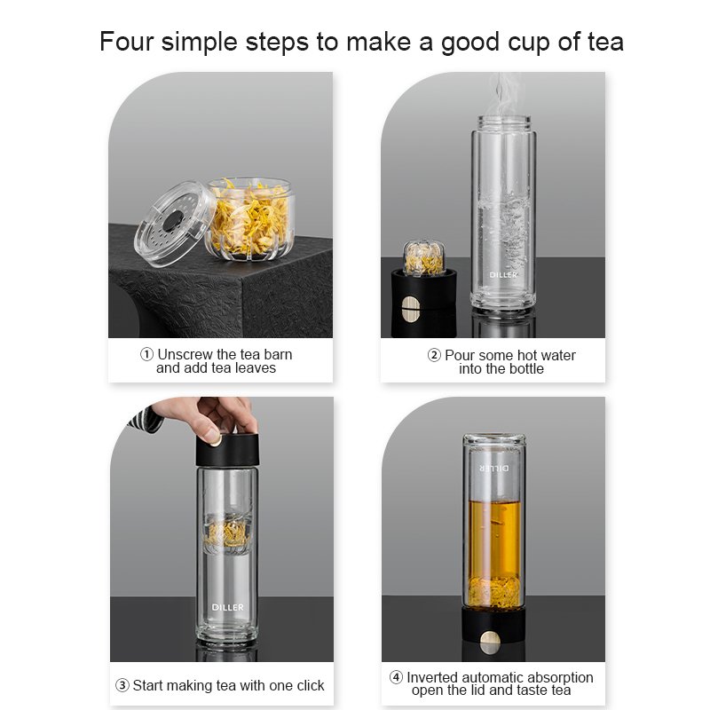 Wholesale Double layer high borosilicate glass Bottle Customized Logo Business Clear Flask With Tea Infuser