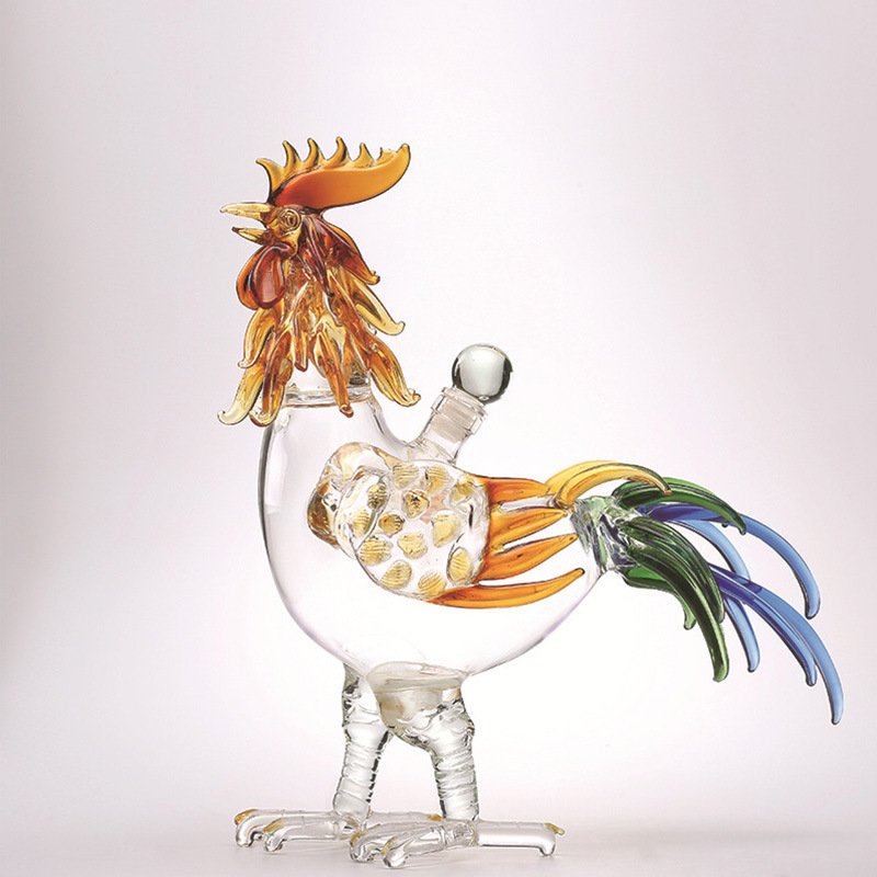 500ml/1000ml Animal glass bottle zodiac rooster decanter thick hollow high borosilicate glass decanter chicken