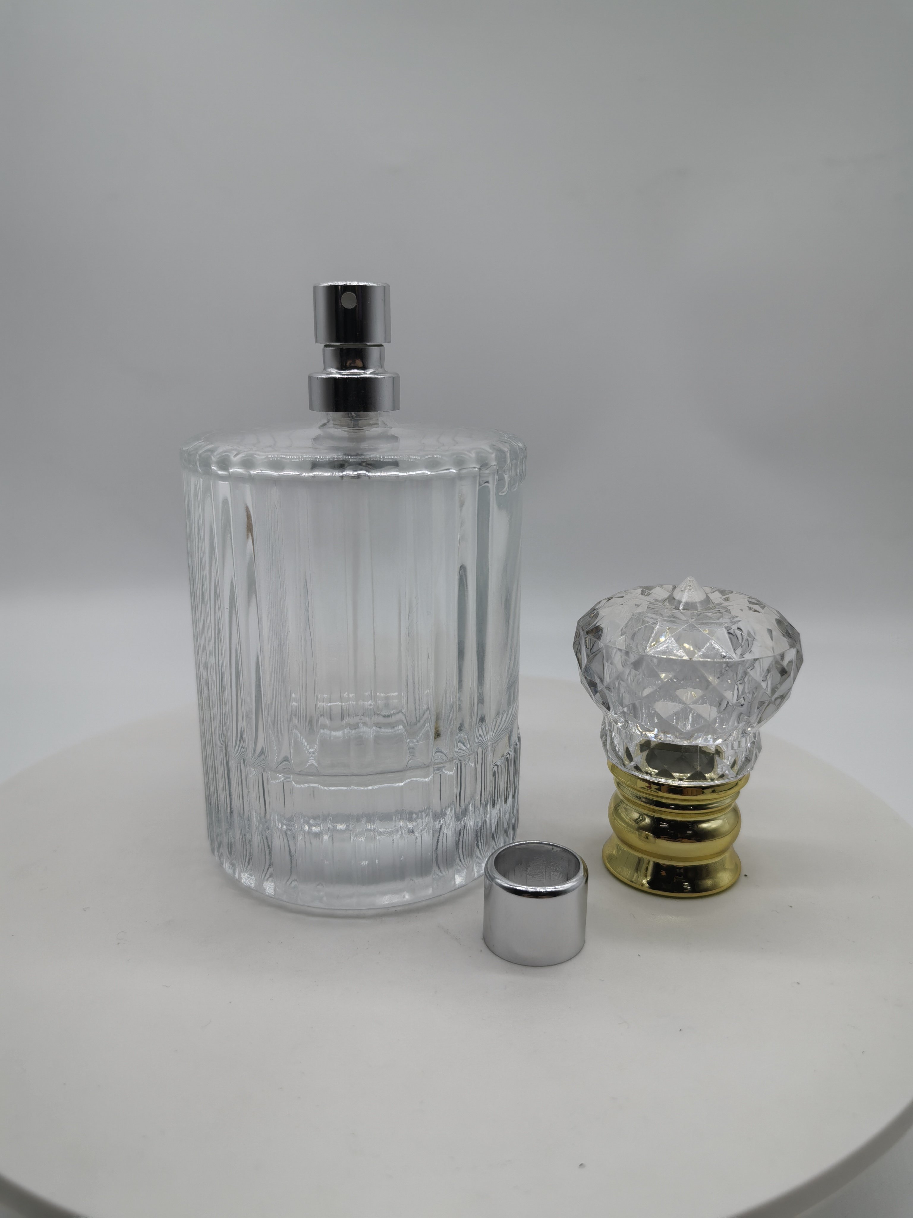 hot sale empty luxury 30ml 50ml 100ml FEA crimping pump clear fragrance all aluminum mist spray with cap perfume glass bottle