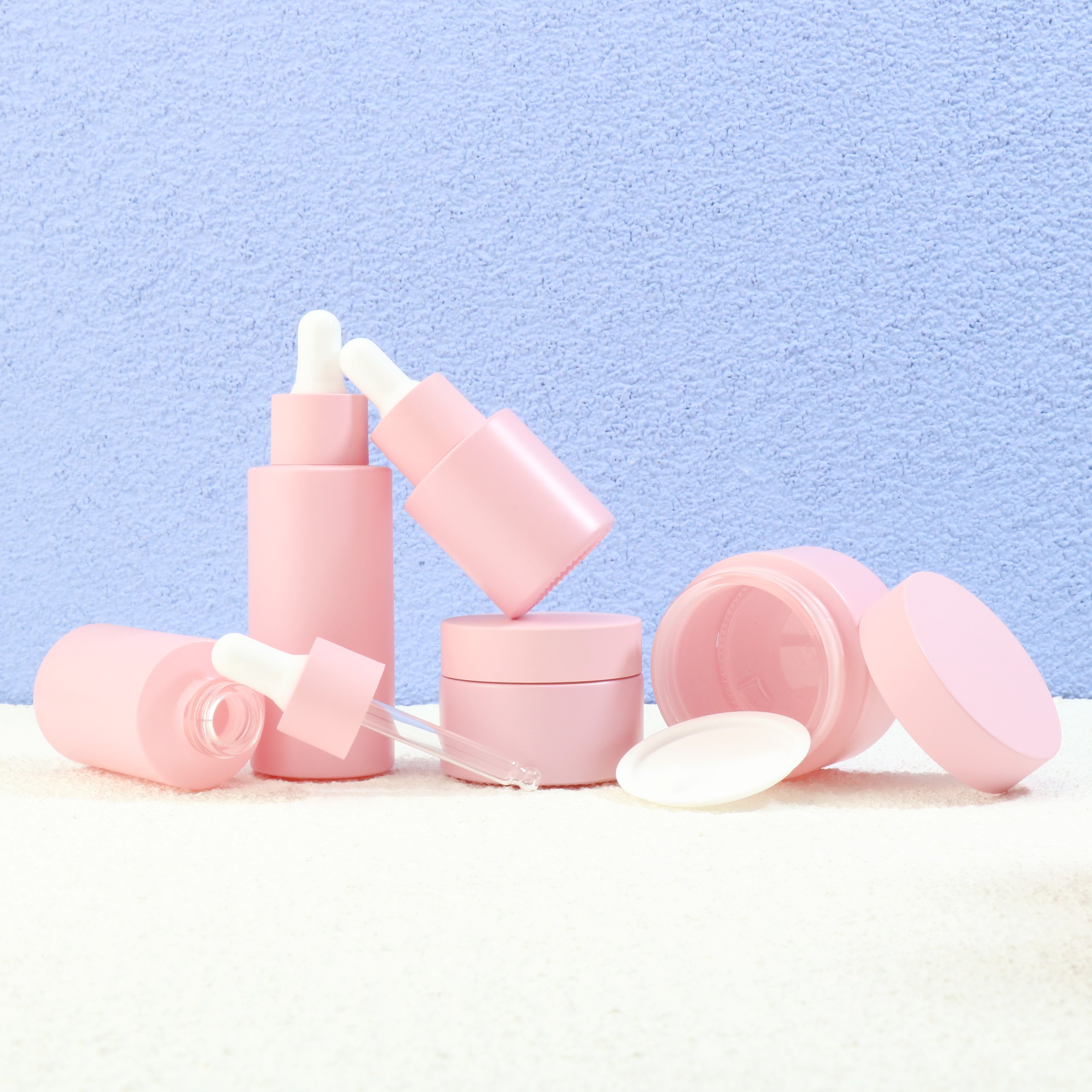 Hot sale matte pink skin care bottle packaging set 30g face cream jar 50ml dropper sprayer body oil bottle lotion pump bottle