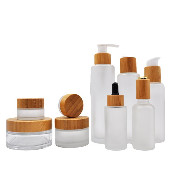 Skin Care 30ml 50ml 100ml 120ml 150ml Frosted Clear Glass Bottle With Bamboo Cap For Lotion Toner Cosmetic Packaging