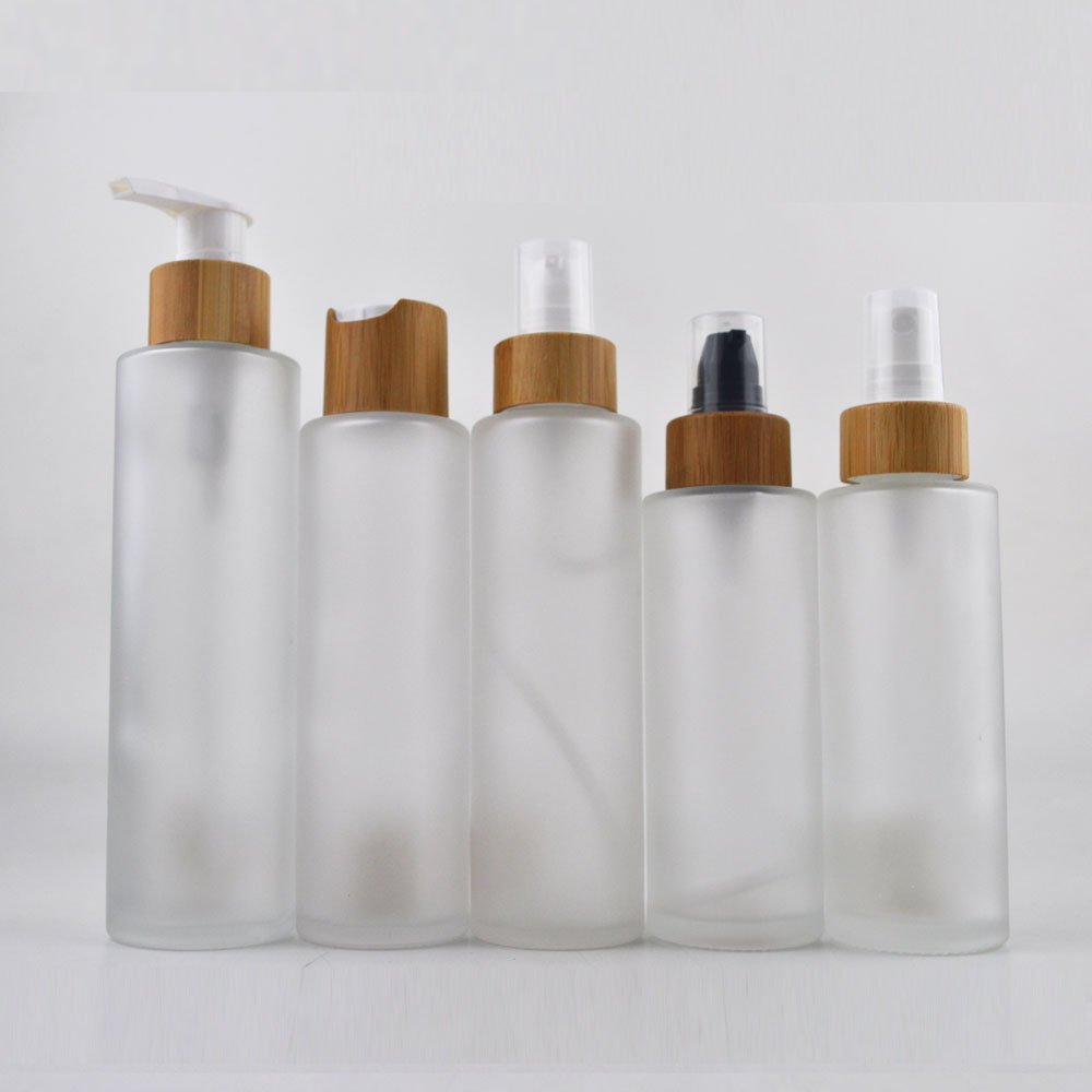 Skin Care 30ml 50ml 100ml 120ml 150ml Frosted Clear Glass Bottle With Bamboo Cap For Lotion Toner Cosmetic Packaging