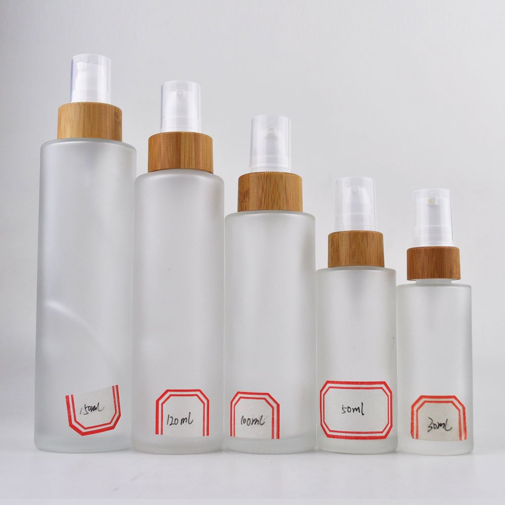 Skin Care 30ml 50ml 100ml 120ml 150ml Frosted Clear Glass Bottle With Bamboo Cap For Lotion Toner Cosmetic Packaging