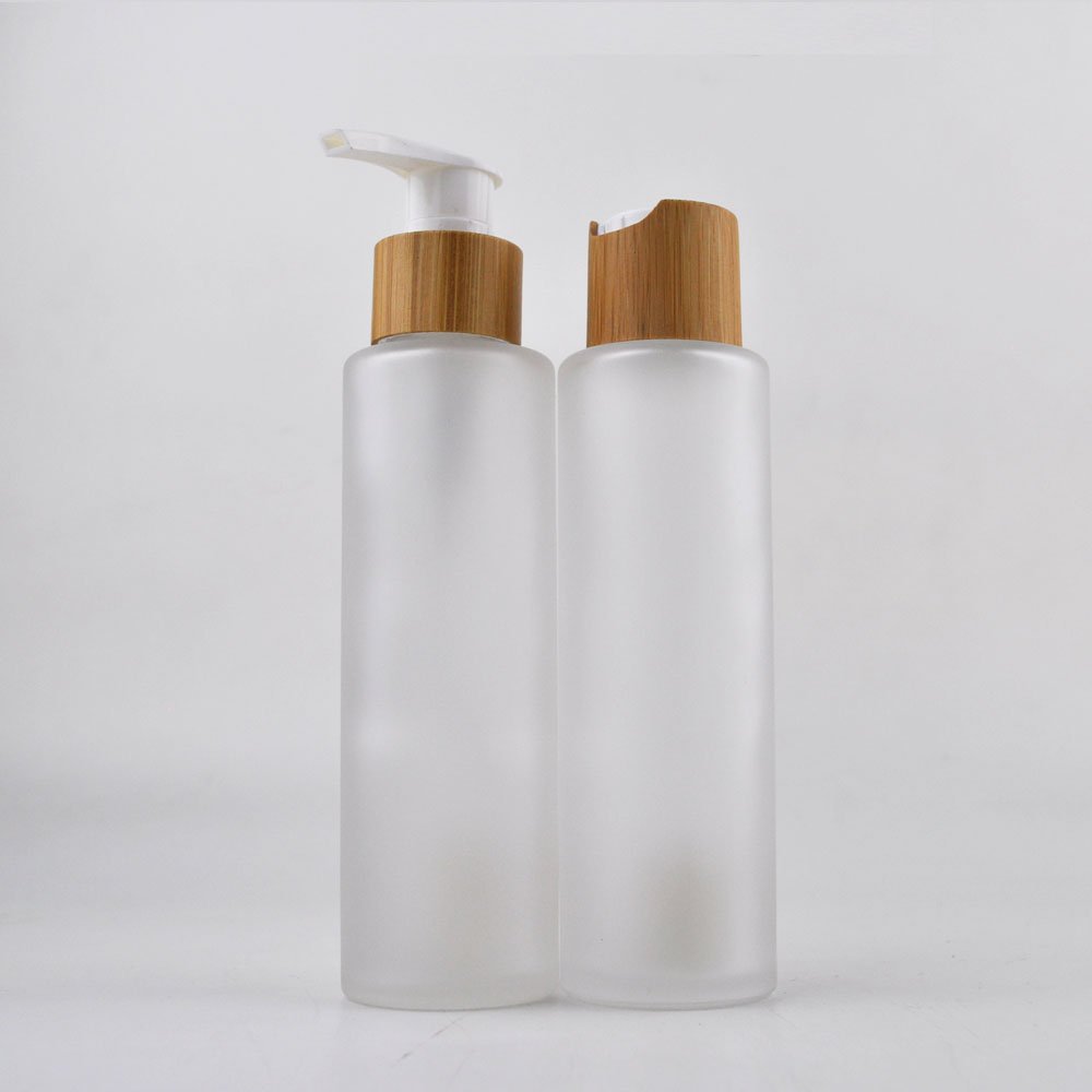 Skin Care 30ml 50ml 100ml 120ml 150ml Frosted Clear Glass Bottle With Bamboo Cap For Lotion Toner Cosmetic Packaging