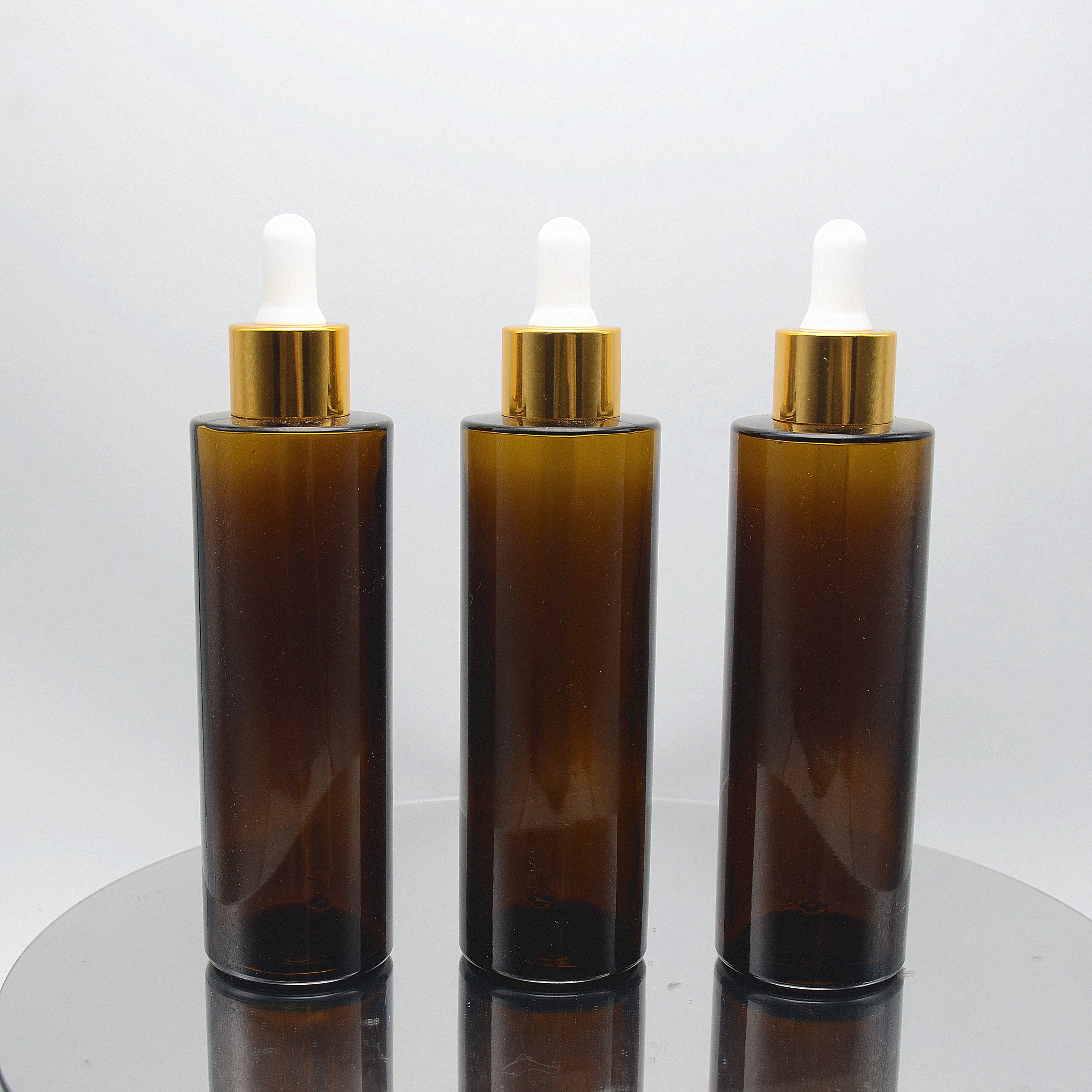 New Arrival Empty 100ml Flat Shoulder Serum Amber Glass Dropper Bottles with Golden Caps