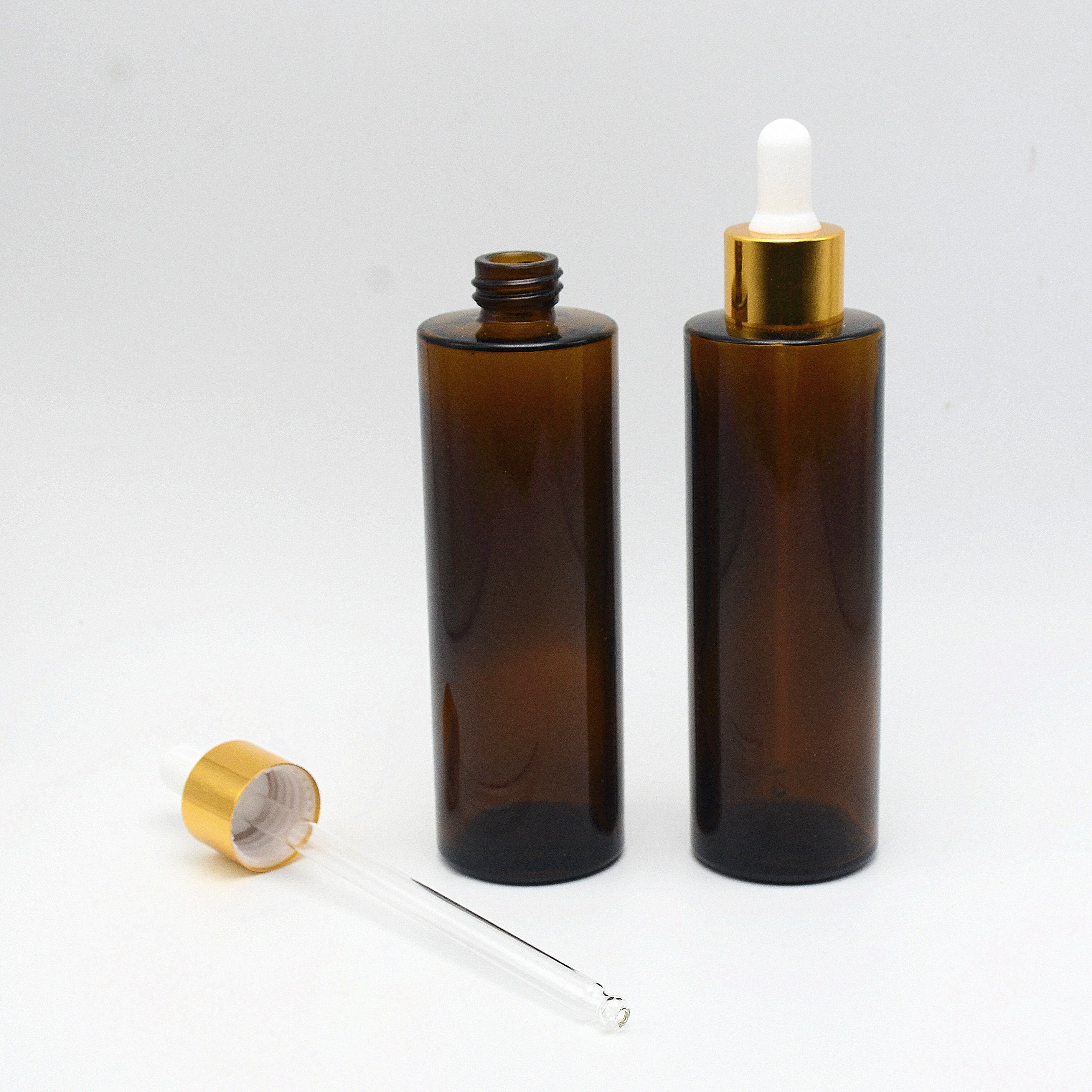 New Arrival Empty 100ml Flat Shoulder Serum Amber Glass Dropper Bottles with Golden Caps
