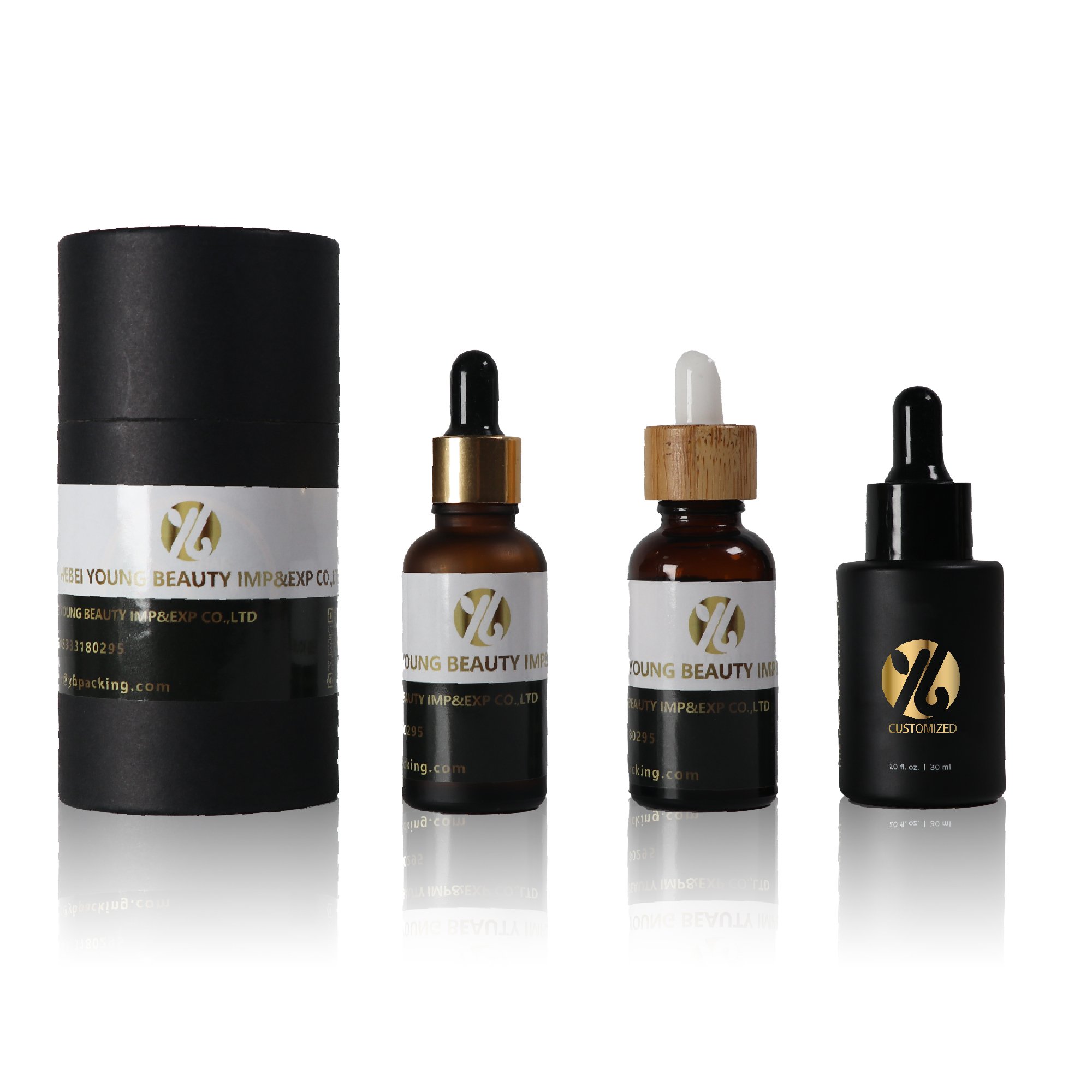 Customized Luxury 30ml black matte essential oil glass bottle with dropper label and printing glossy black lid flat shoulder