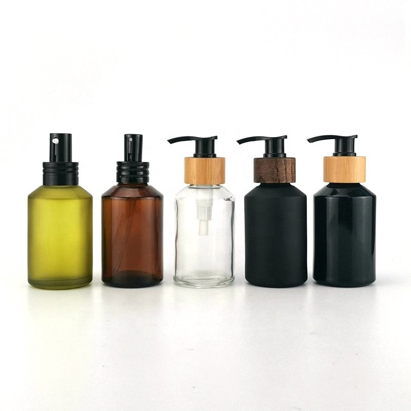 matte black glass bottle 125ml sloping shoulder serum glass bottle 4 oz cosmetic lotion bottle with bamboo pump for body milk