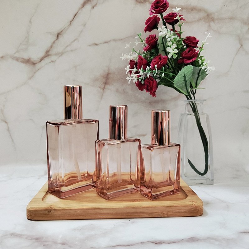Pump Spray Perfumes Bottle Rose Gold cap glass bottles 30ml 50ml 100ml CosmeticScreen Printing Flat Square skincare bottle
