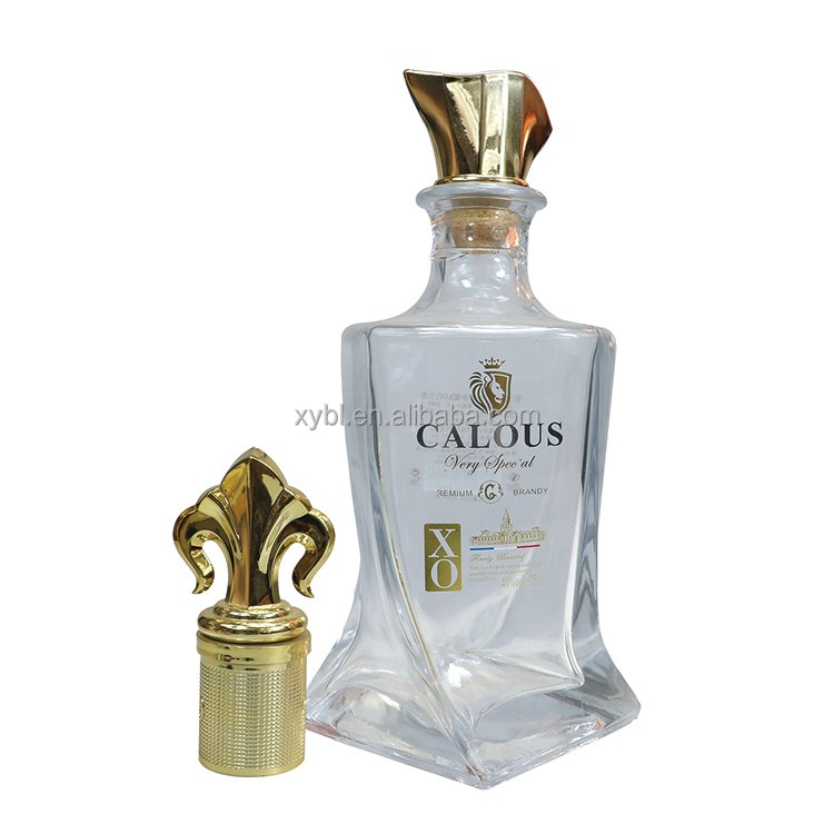 Empty fancy frosted top 700ml 750ml glass spirit bottles for Pisco liquor brandy glass bottles custom print brandy bottles