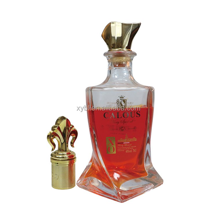 Empty fancy frosted top 700ml 750ml glass spirit bottles for Pisco liquor brandy glass bottles custom print brandy bottles
