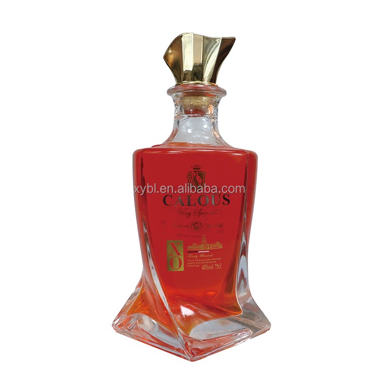Empty fancy frosted top 700ml 750ml glass spirit bottles for Pisco liquor brandy glass bottles custom print brandy bottles