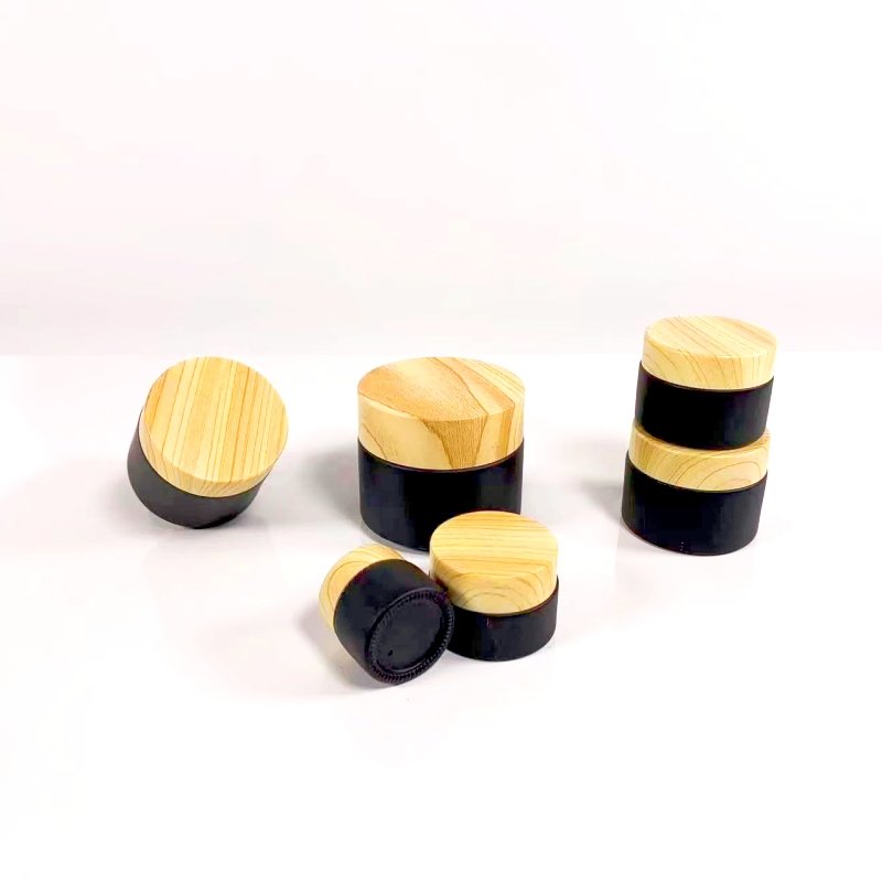 Wholesale black bamboo and wood cover glass bottle skin care cream cosmetics packaging can luxury empty face cream bottle 60g
