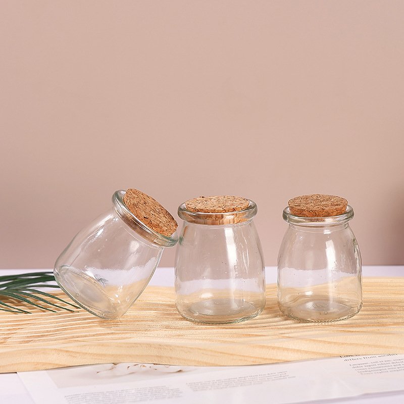 Custom Mini Cup Small Glass Bottles for Milk Jelly Yogurt Glass Jars with Cork Lid 200ml Pudding Glass Bottle