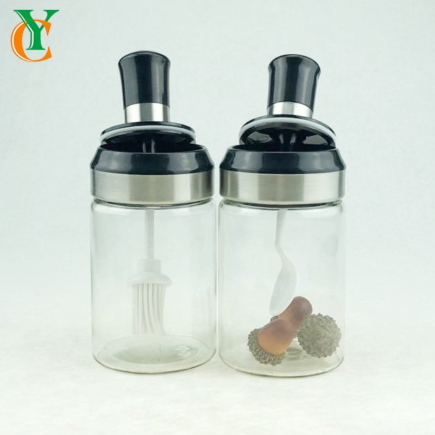 250ml glass jar with black lid with plastic spoon &brush for jam honey spice and airtight glass bottle for sugar tea coffee