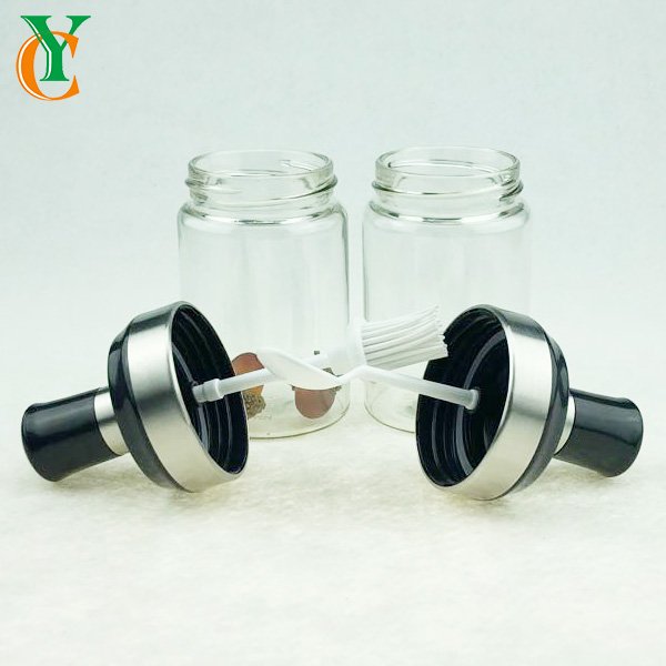 250ml glass jar with black lid with plastic spoon &brush for jam honey spice and airtight glass bottle for sugar tea coffee