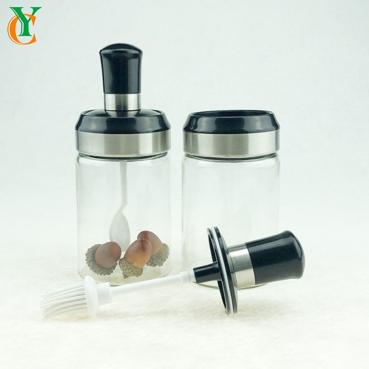 250ml glass jar with black lid with plastic spoon &brush for jam honey spice and airtight glass bottle for sugar tea coffee