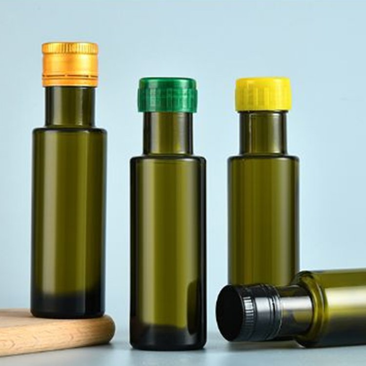 wholesale 100ml dorica glass bottle 3.3 oz green amber glass olive oil bottle with pourer lid